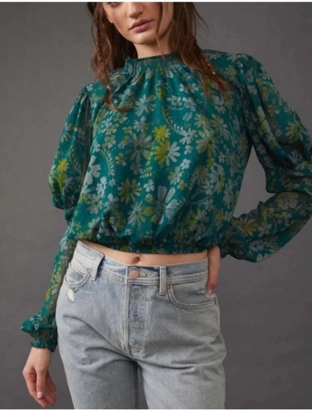 Free People Clarissa Green Sea Floral Puff-Sleeve Blouse